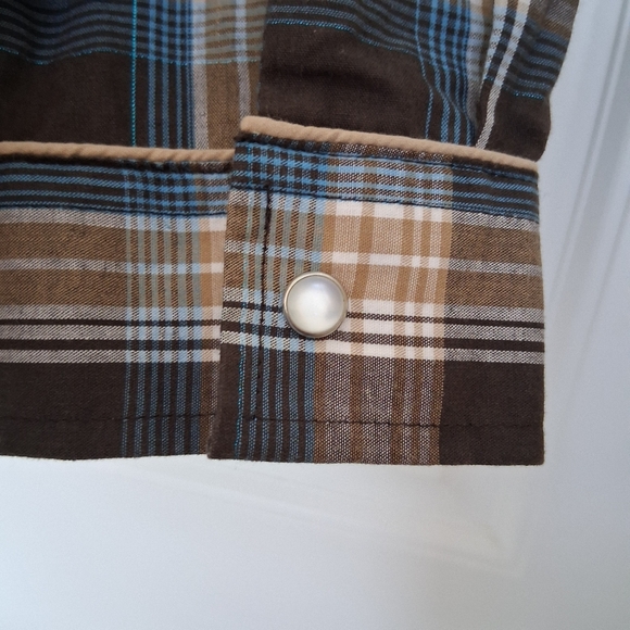 Roper Embroidered Plaid Snap Front Western Blouse Sz Large Turquoise Brown - Picture 5 of 10